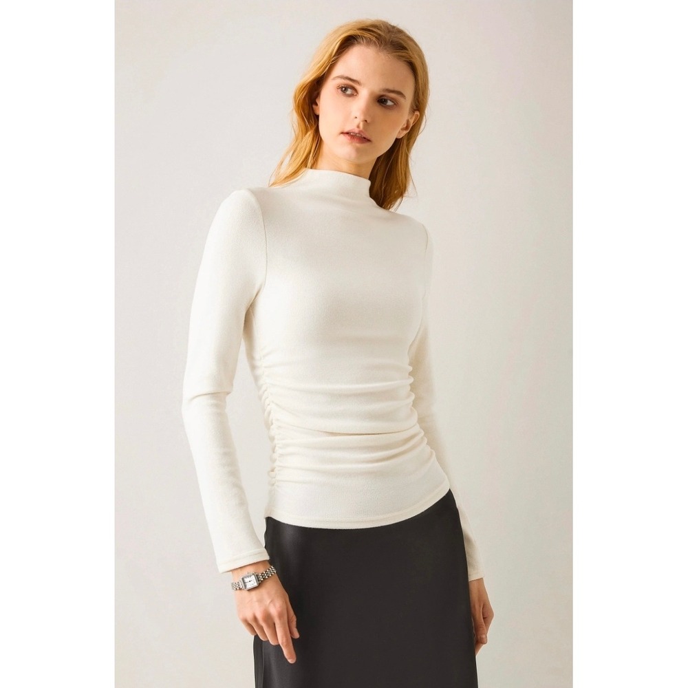 OGL Women Medium Off White Long Sleeve Top Thermal Ruched Mock Neck Tuckable